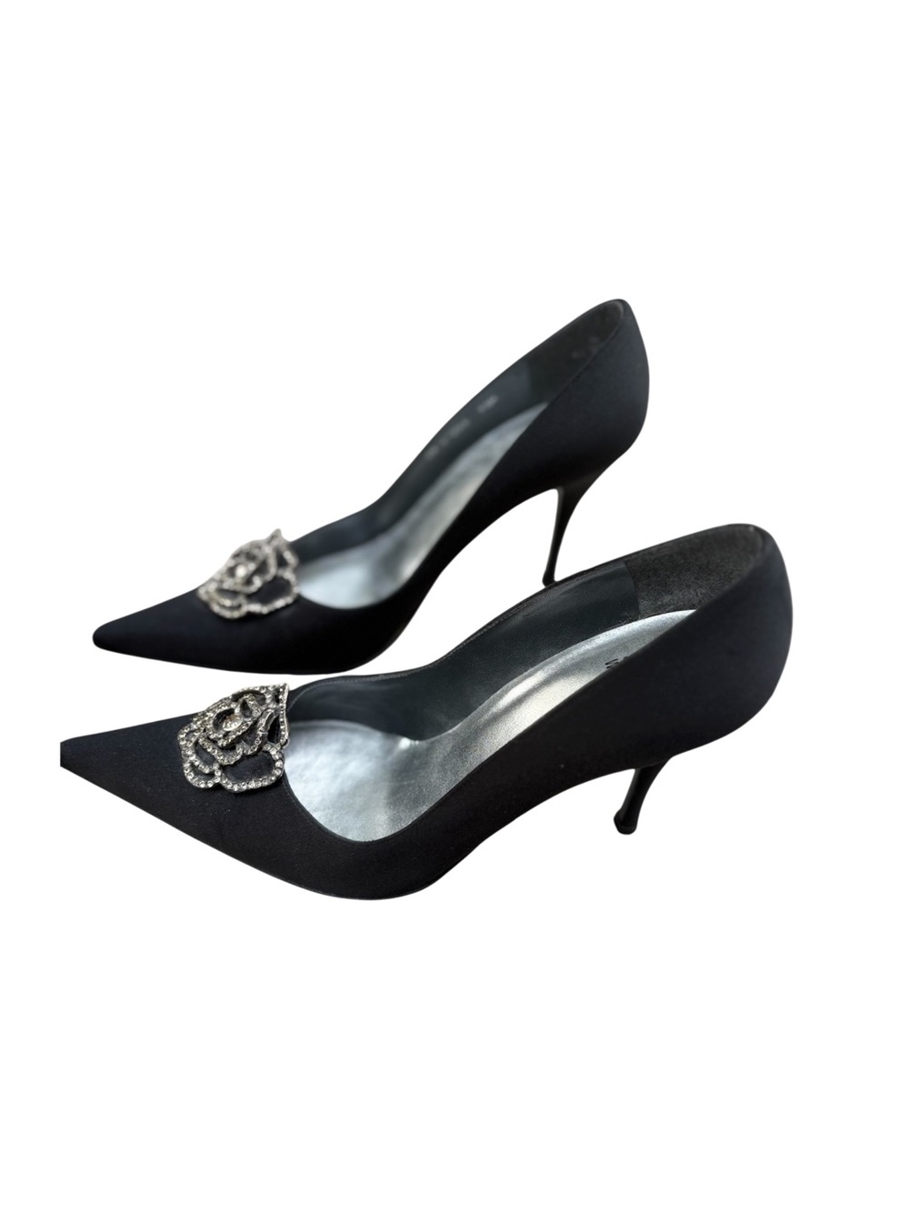 Stuart Weitzman Black Pointed Toe Pumps Rhinestone Floral Accent Formal